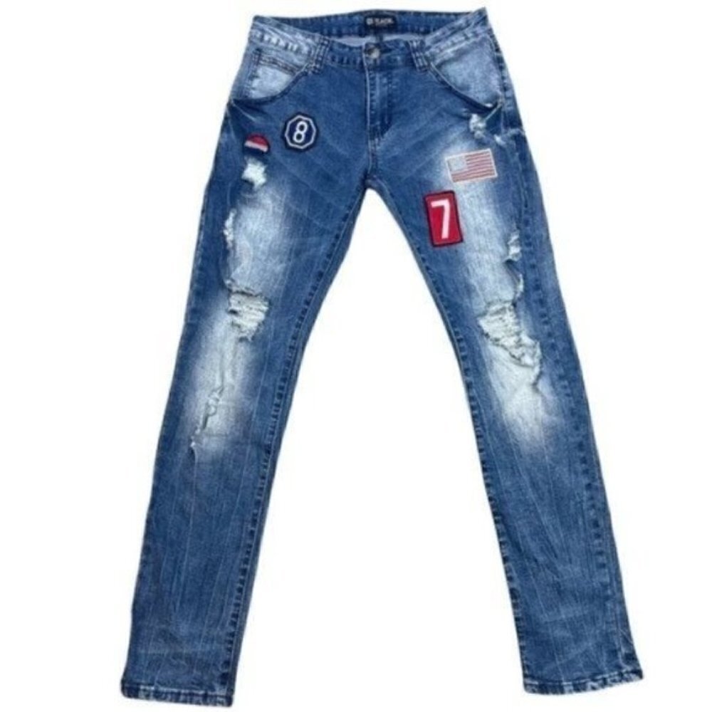 Black Premium Skinny Flex Blue trendy Jeans Distressed Patches Sz 28 /28 Hemmed